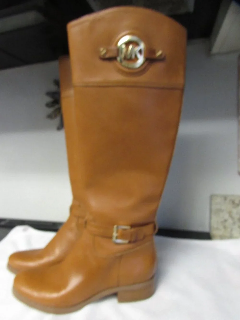 Michael Kors Hamilton Boots Tall Tan Brown Leather Logo Knee Zip 5.5 M
